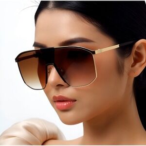 Shield‎ Sunglasses Gold Frame Brown Lens Flat Top Bar Women  Shades Lentes Gafas